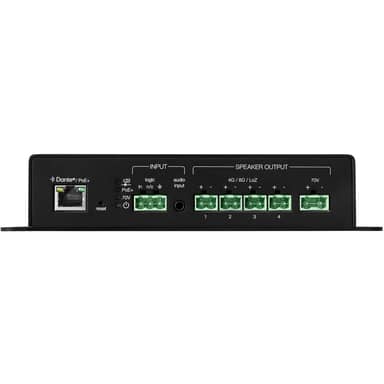 PoE/PoE+ powered Dante amplifier with 4 channels LoZ / 70V operation mode.